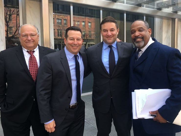 Attorney George Leontire, attorney Jose Baez, David Demos and attorney Ronald Sullivan outside court.